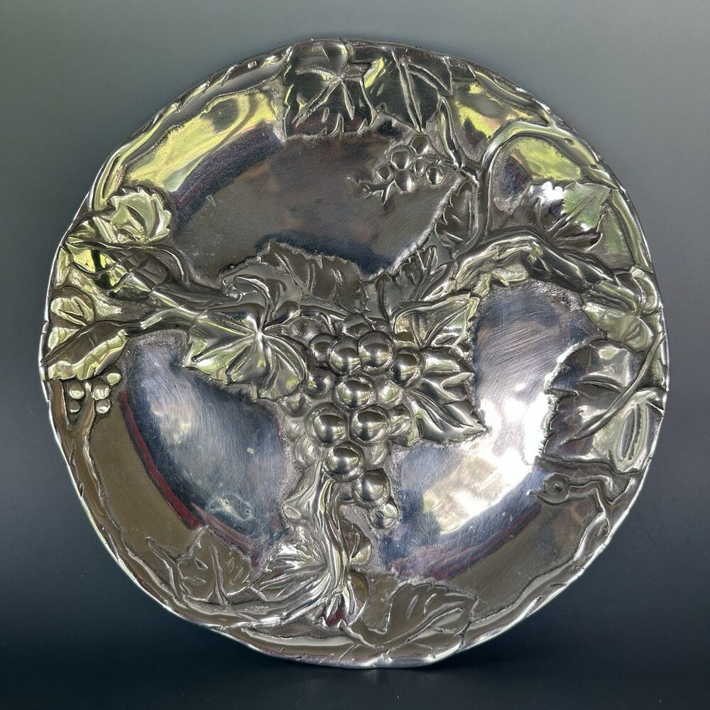 Vintage Mexican pewter grape plate 3 section handmade serving dish